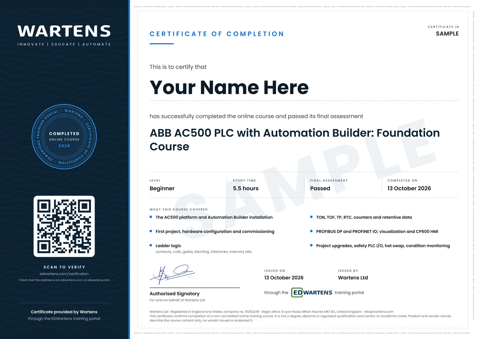 Sample EDWartens certificate with QR code