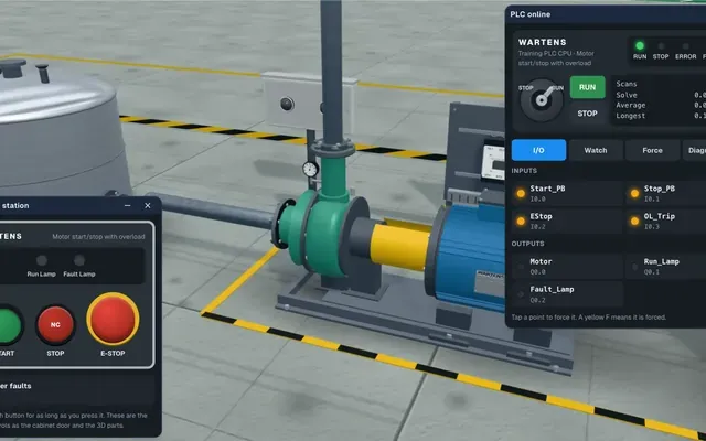 The PLC lab with the PLC online panel open, next to a 3D pump skid